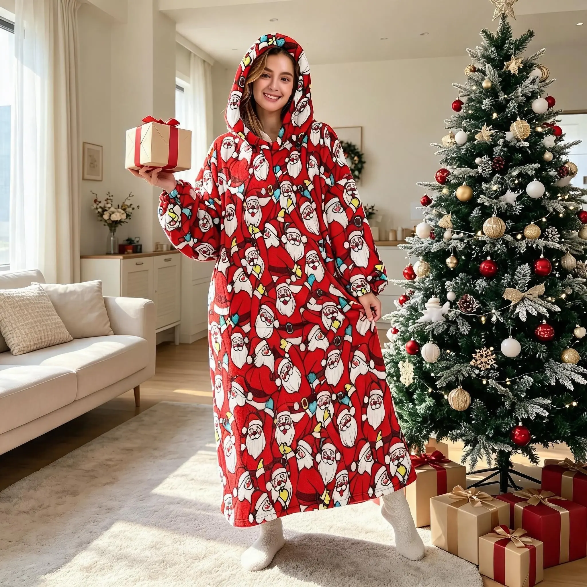 Unisex Flannel Long Sleep Robe, Deep, Nutcracker Floral Berry Print, Large Pockets, Loose Fit, Christmas Theme, Home Wear