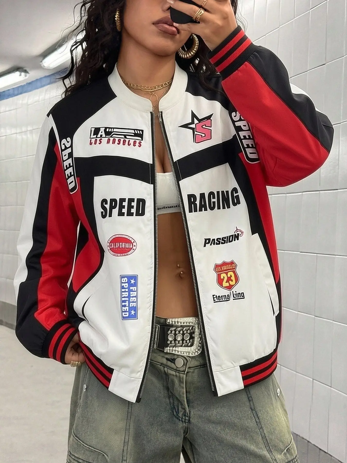 Women's Color Block Racing Jacket, Zip Up Stand Collar Moto Bomber Coat With Letter Patches And Ribbed Cuffs, Ideal For Summer Street, Biker And Hip Hop Outfits