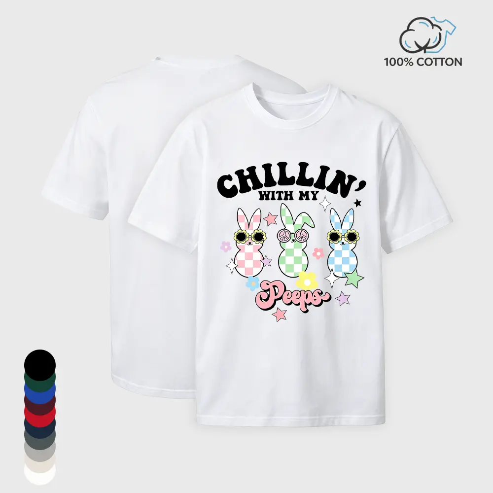 Oversized Tshirt Women Vintage Graphic Tees Chillin With My Peeps Checkered Peace Bunny Easter Graphic Tee, Camisetas de Mujeres Cream Retro Hippie Rabbit Floral Print Soft 100% Cotton Crew Neck T Shirts Women Graphic Tee
