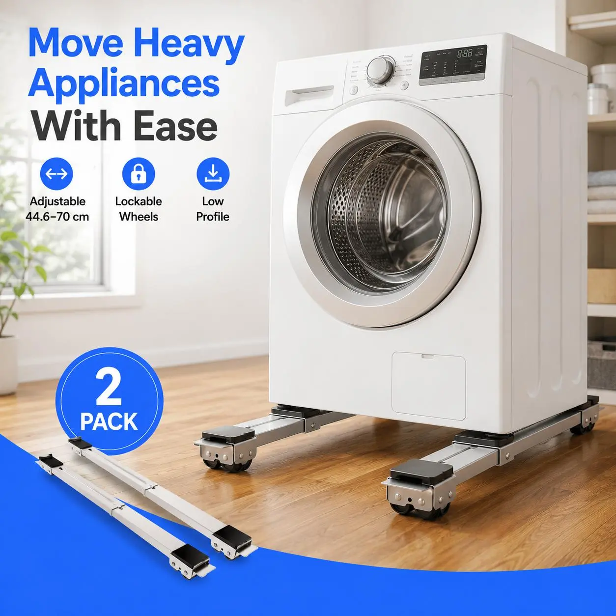 2-Pack Adjustable Telescopic Heavy-Duty Metal Appliance Moving Dolly Stand, 4cm Low Profile Height with Lockable Brake Wheels, Expandable Size Range 44.6cm to 70cm, Sturdy Load-Bearing Roller Base Suitable for Washing Machines and Clothes Dryers