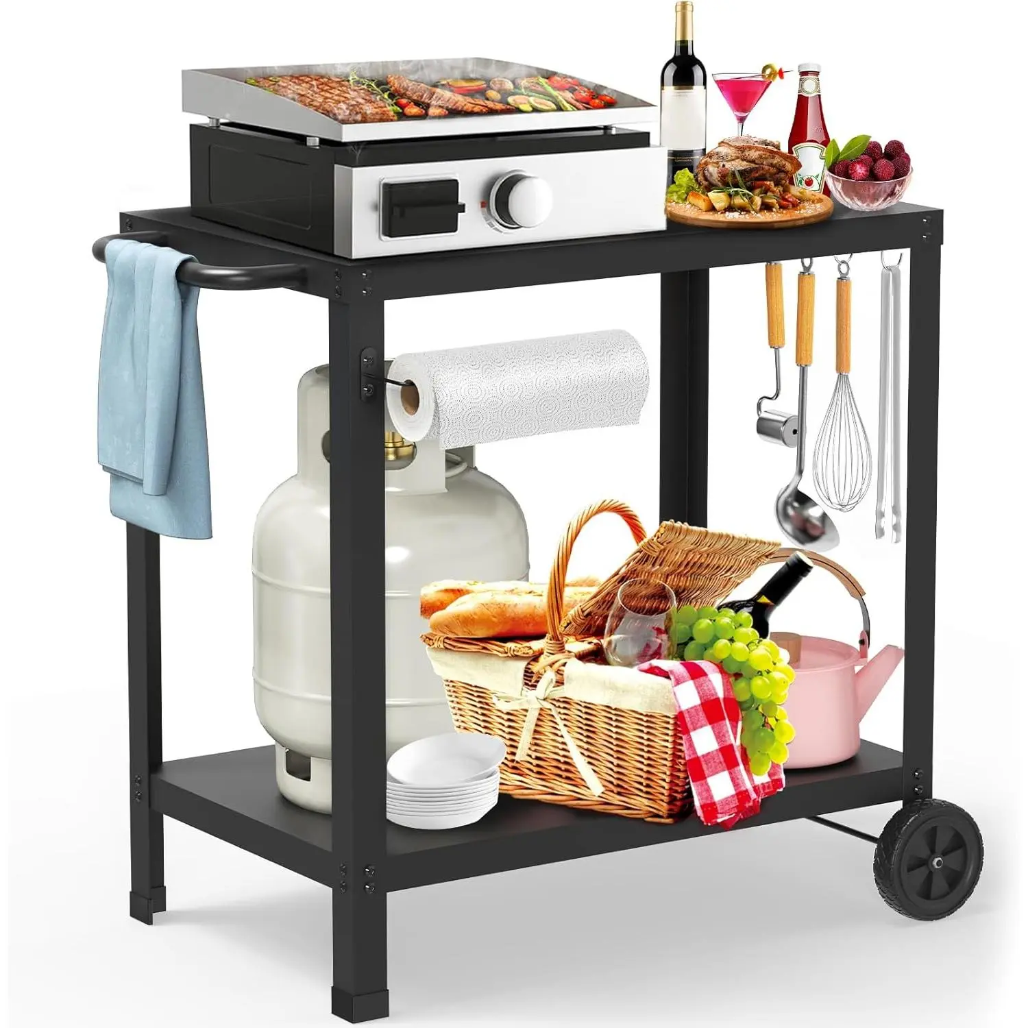 32x20IN Double-Shelves Grill Table, Outdoor Grill Cart for Blackstone Griddle, Movable Pizza Oven Table Cart for Outside Patio, Kitchen Cooking Food Prep Table for Party