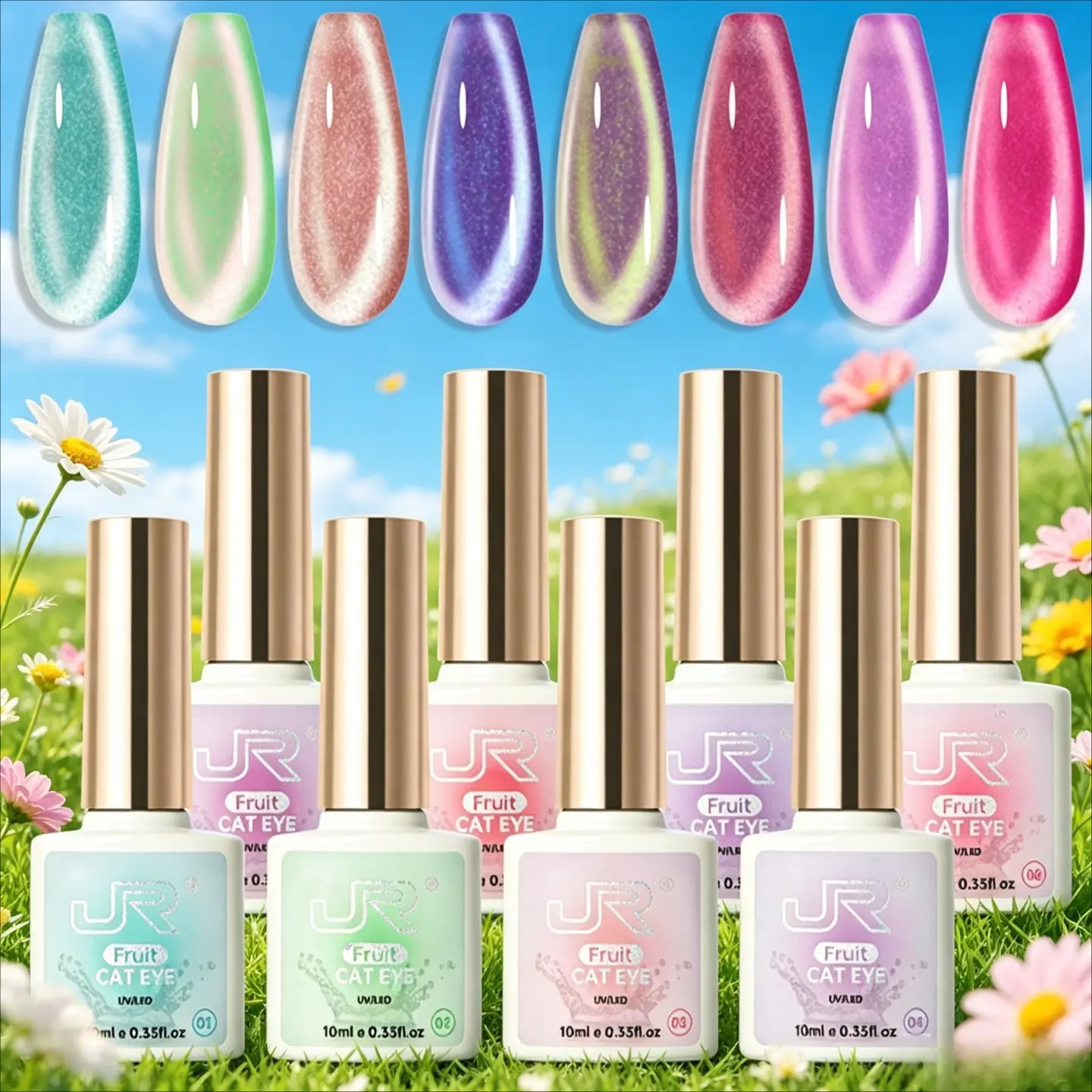 JR 10ml 8Colors Fruit Cat Eye Magnetic Gel Nail Polish Set,Pastel Coral Sea Magnetic Eye Gel Jelly Glass Crystal Magnetic Gel Polish Nail Art Manicure Kit