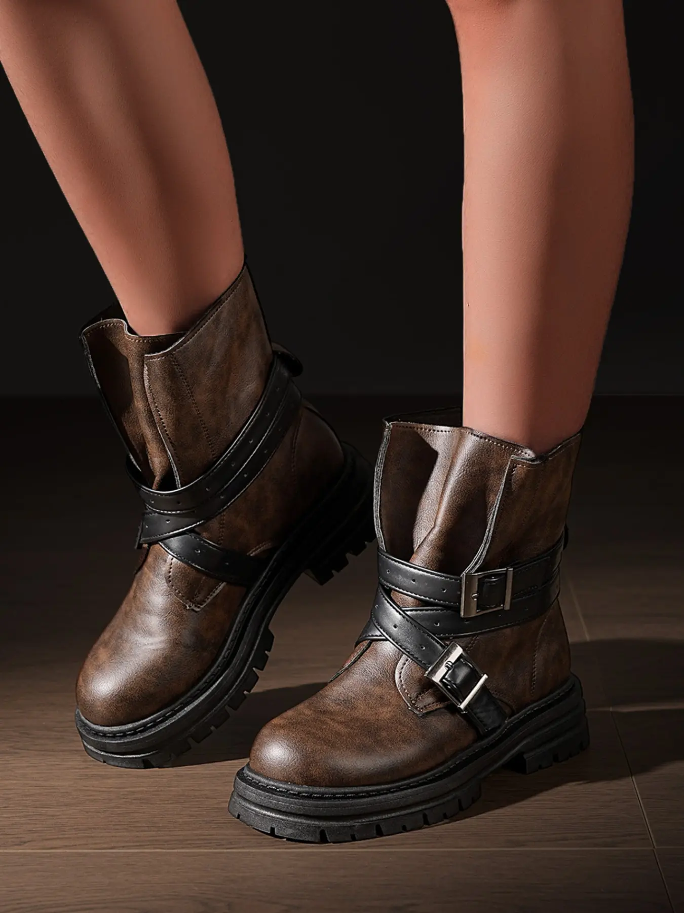 Mead Vintage Retro Dual Buckle Thick Sole Motorcycle Short Boots, Comfortable Slip-On Wide Mouth Boot, PU Rubber All-Season Women's Shoes