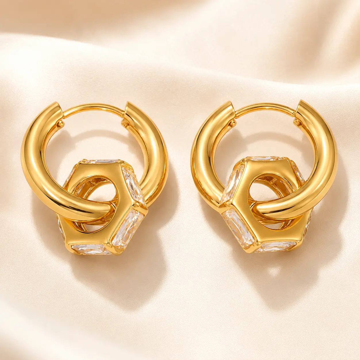 18K Gold Plated Chunky Hoop Earrings for Women, Geometric Crystal Huggie Earrings, Waterproof Stainless Steel Statement Jewelry