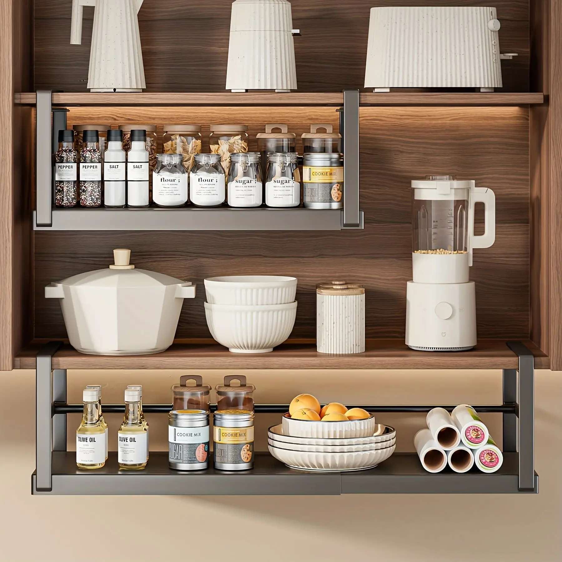 Heavy-Duty Adjustable Under Cabinet Storage Rack & Slide-In Organizer - Commercial-Grade Kitchen Shelving System with Hanging Basket, Space-Saving Pantry Shelves for Restaurants, Hotels, Cafes - Compatible with Cabinets & Shelves (Easy