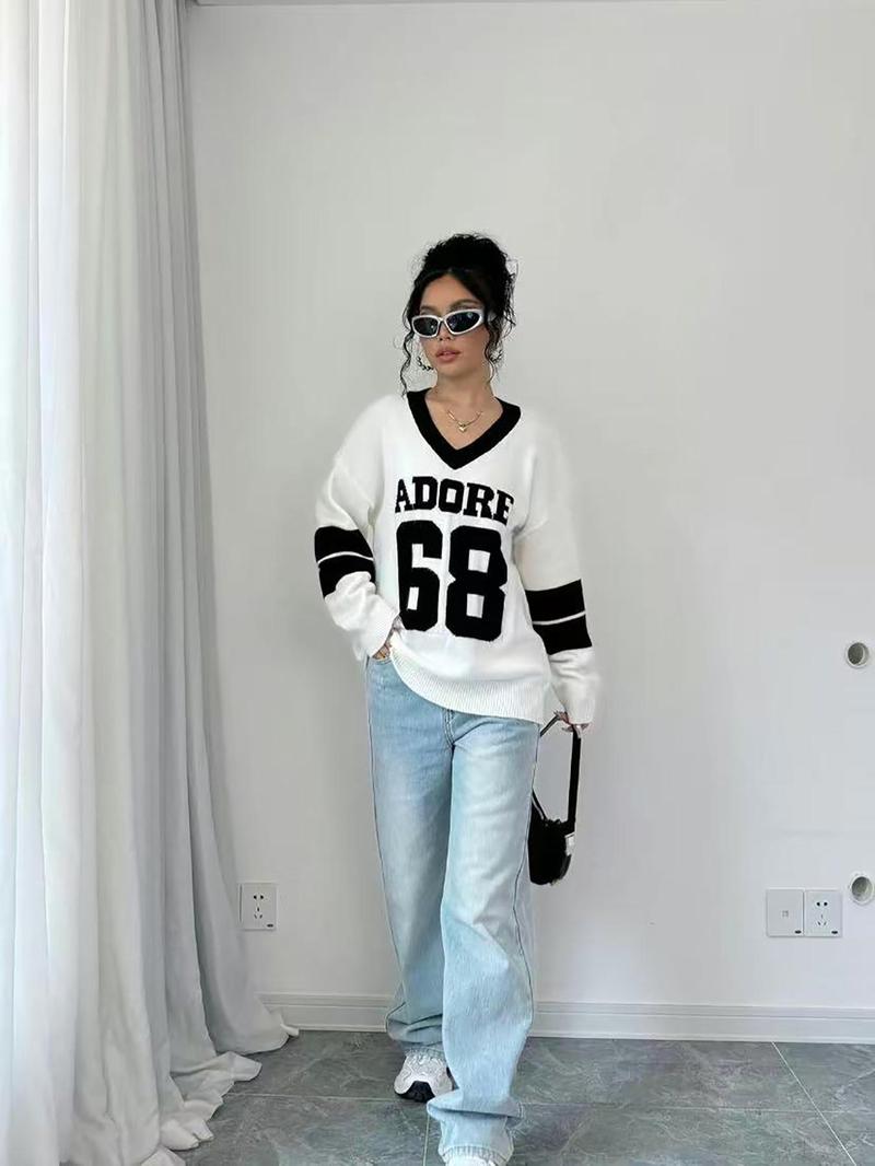 Autumn Winter Color Block V Neck Sweater for Women, Casual Loose Knitwear with Letter Design, Trendy Streetwear, Comfortable Long Sleeve Sweatshirt