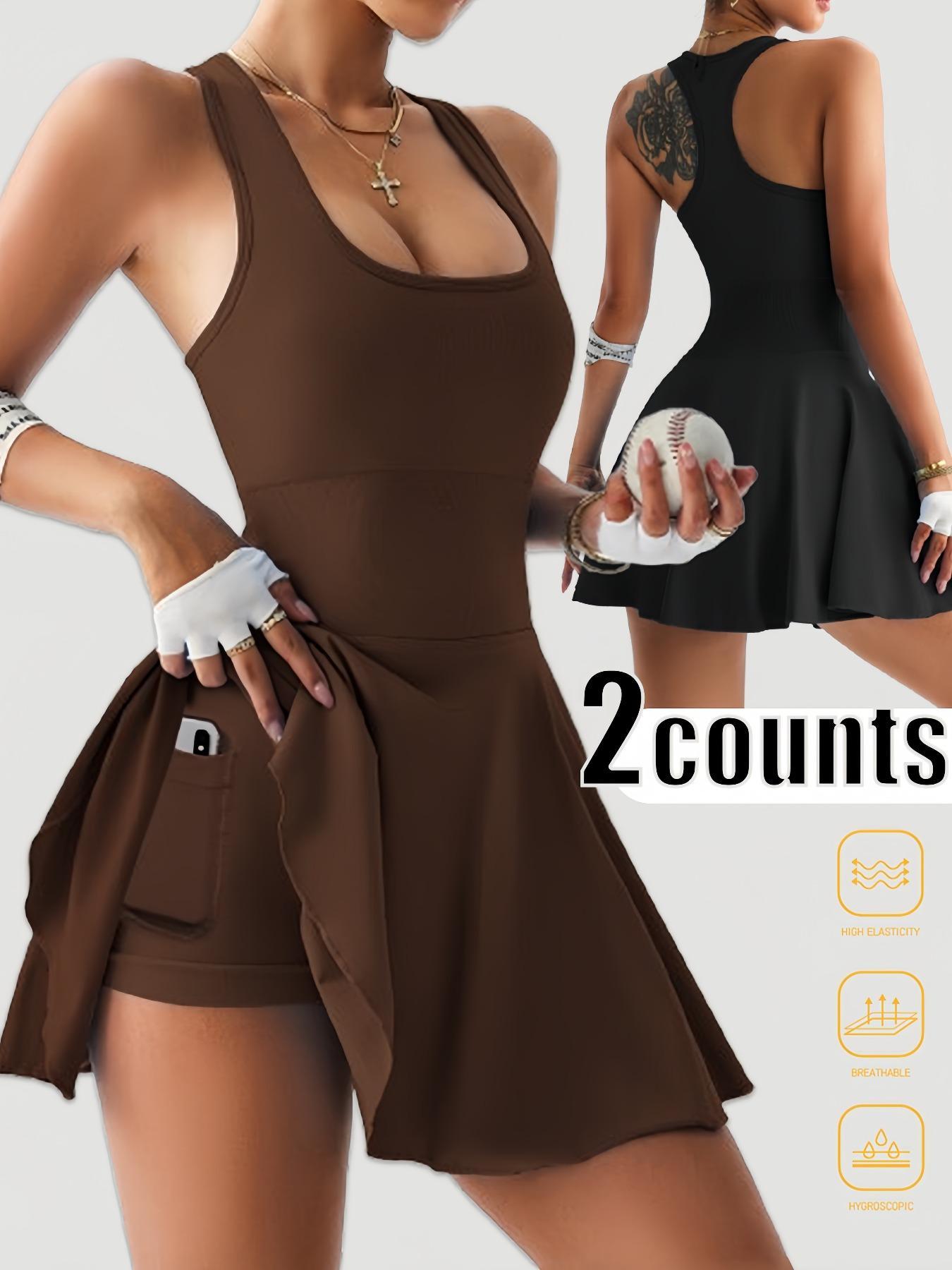 Women's Solid Square Neck Sports Tank Dress, Casual Sporty Sleeveless Bodycon Dress for Yoga Gym Workout, Ladies Sportswear for All Seasons