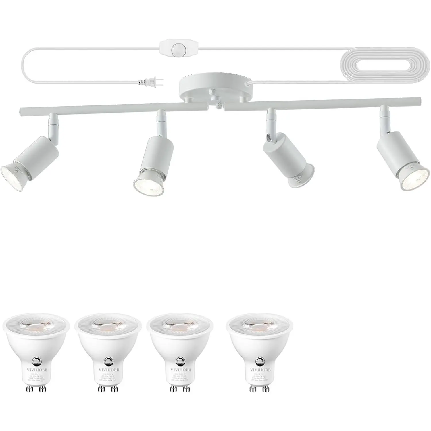 Dimmable 4 Light White Plug-in Track Ceiling Lighting Fixture with 16.4' Long Cord, 4 Way Rotatable Wall Mount Spotlight, Dimmable LED Spot Bulbs Included