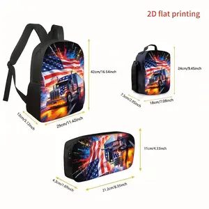 3pcs Backpack Set, American Flag Fireworks Big Rig Truck Print Fashion Daily Backpack with Matching Lunch Bag And Pencil Case, Stylish Multi-Purpose Backpack Combination for Travel Work School
