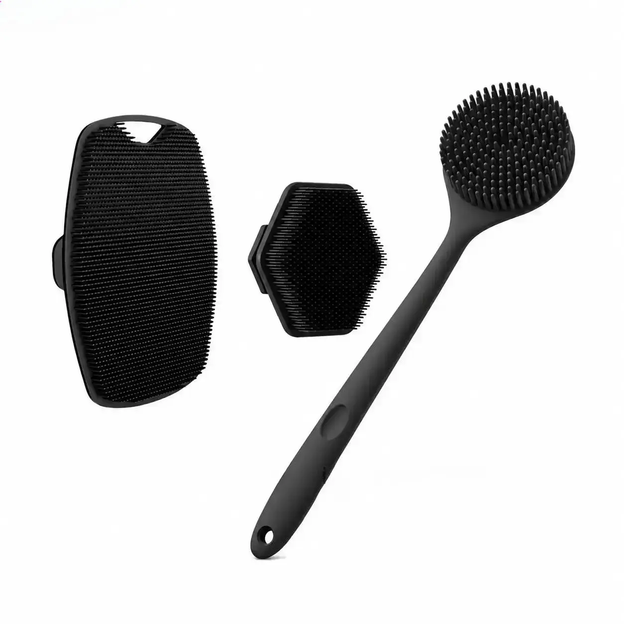 3PCS Silicone Bath Accessories Set - Long Handle Back Scrubber, Face Cleanser, Scalp Massager, Soft Exfoliating Body Tool for Men & Women, Spa, Daily Skin Care Routine
