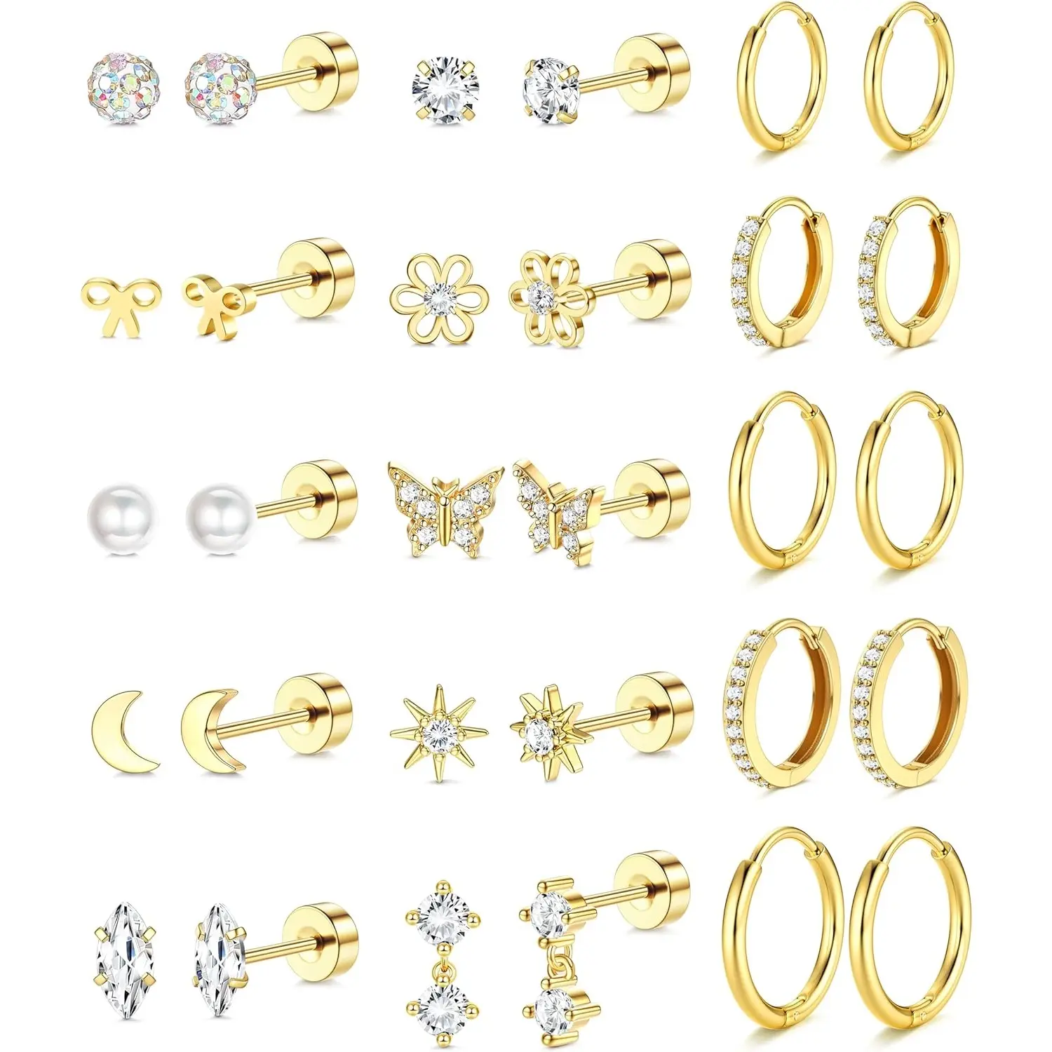 ORAZIO 14K Plated Gold Flat Back Earrings - Hypoallergenic Surgical Stainless Steel Stud Hoop Earrings for Women Girls Cute Stud Earring Set Small Huggie Hoops Cartilage Earring Stacks