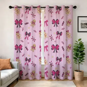 Half-Open Drapes with Gingerbread Man & Bow Pattern, Easy Install 250gsm Polyester, Home Decor, Hotel Classroom Setup, Holiday Gift