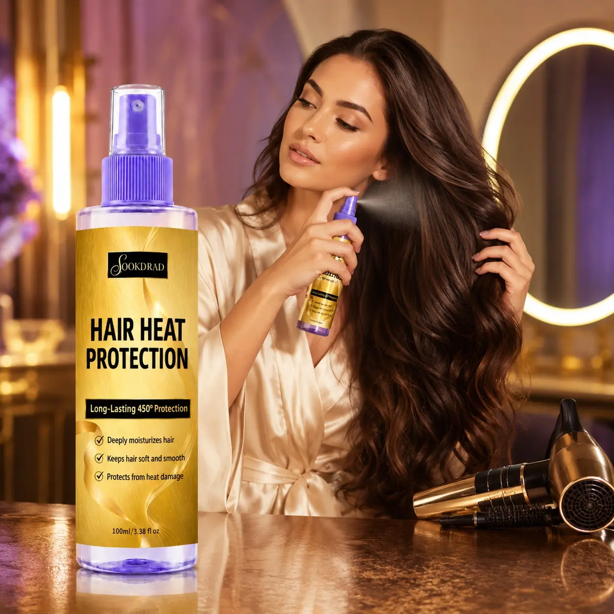 Hair Heat Protection, Long-Lasting 450 Degree Protection, deeply moisturizes hair, keeps hair soft and smooth, protects from heat damage, for hair, 100ml/3.38 fl oz