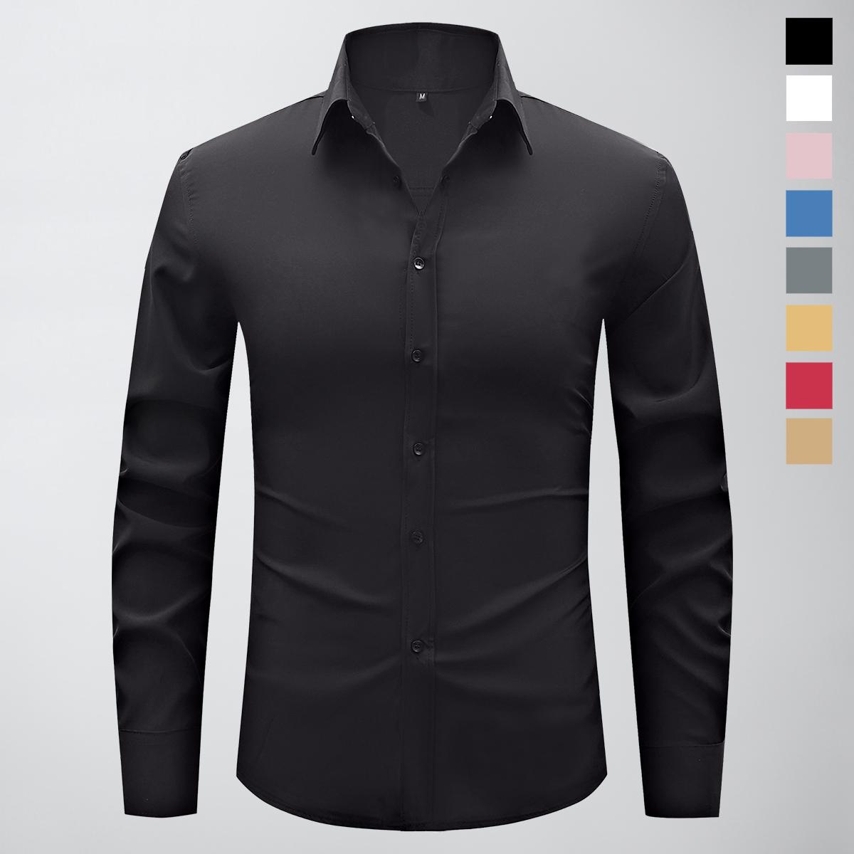 Non-stretch men’s slim-fit long-sleeve shirt; casual button-front dress shirt suitable for semi-formal and business-casual occasions; men’s formal inner layer; solid-color pointed-collar button-front long-sleeve shirt; menswear