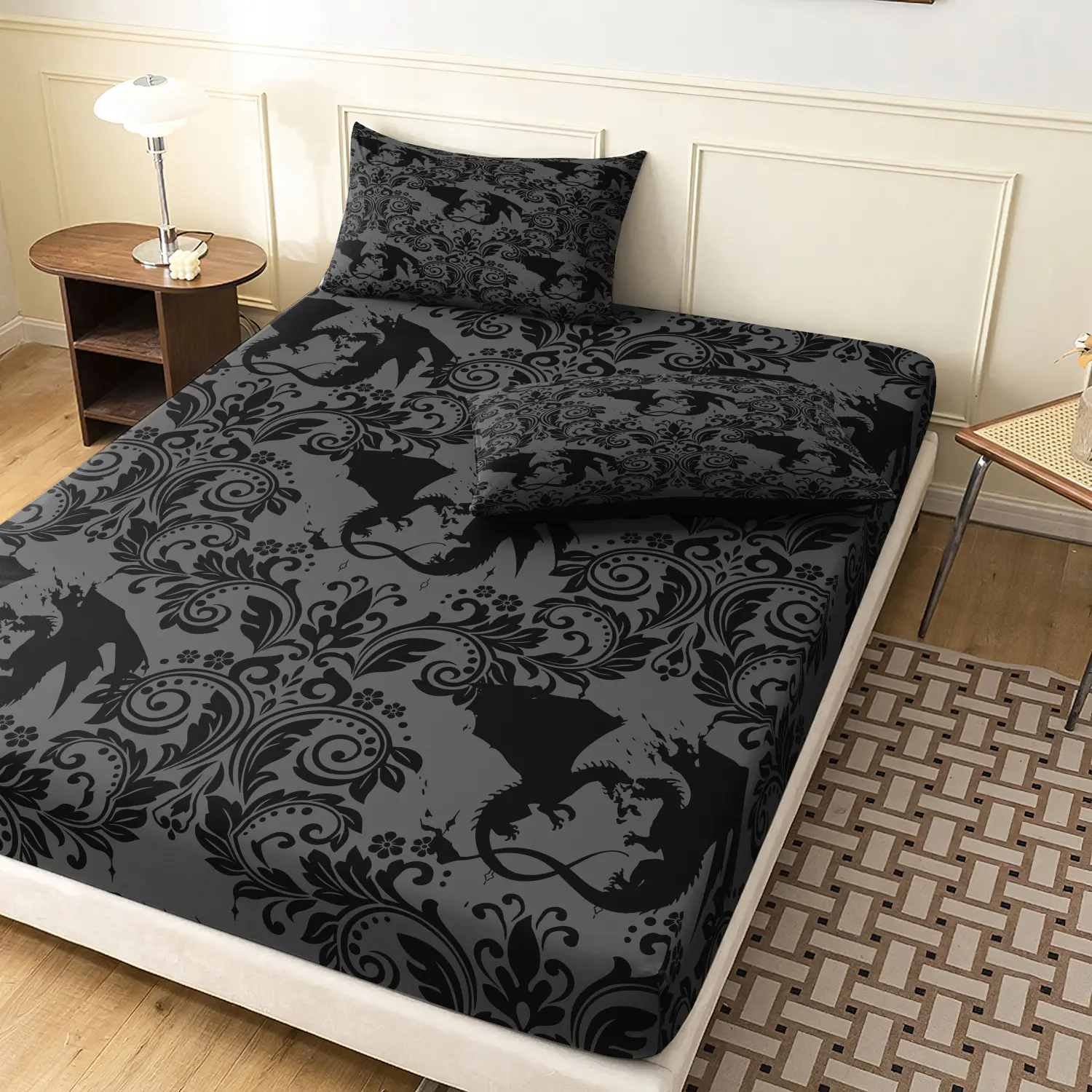 Grey Black Gothic Dragon Scroll Print 3 Pieces Fitted Sheet Set, Vintage Baroque Floral Flying Dragon Silhouette Print Bedding, Soft Microfiber Dark Medieval Bedroom Decor (1 Fitted Sheet + 2 Pillowcases, No Pillow)