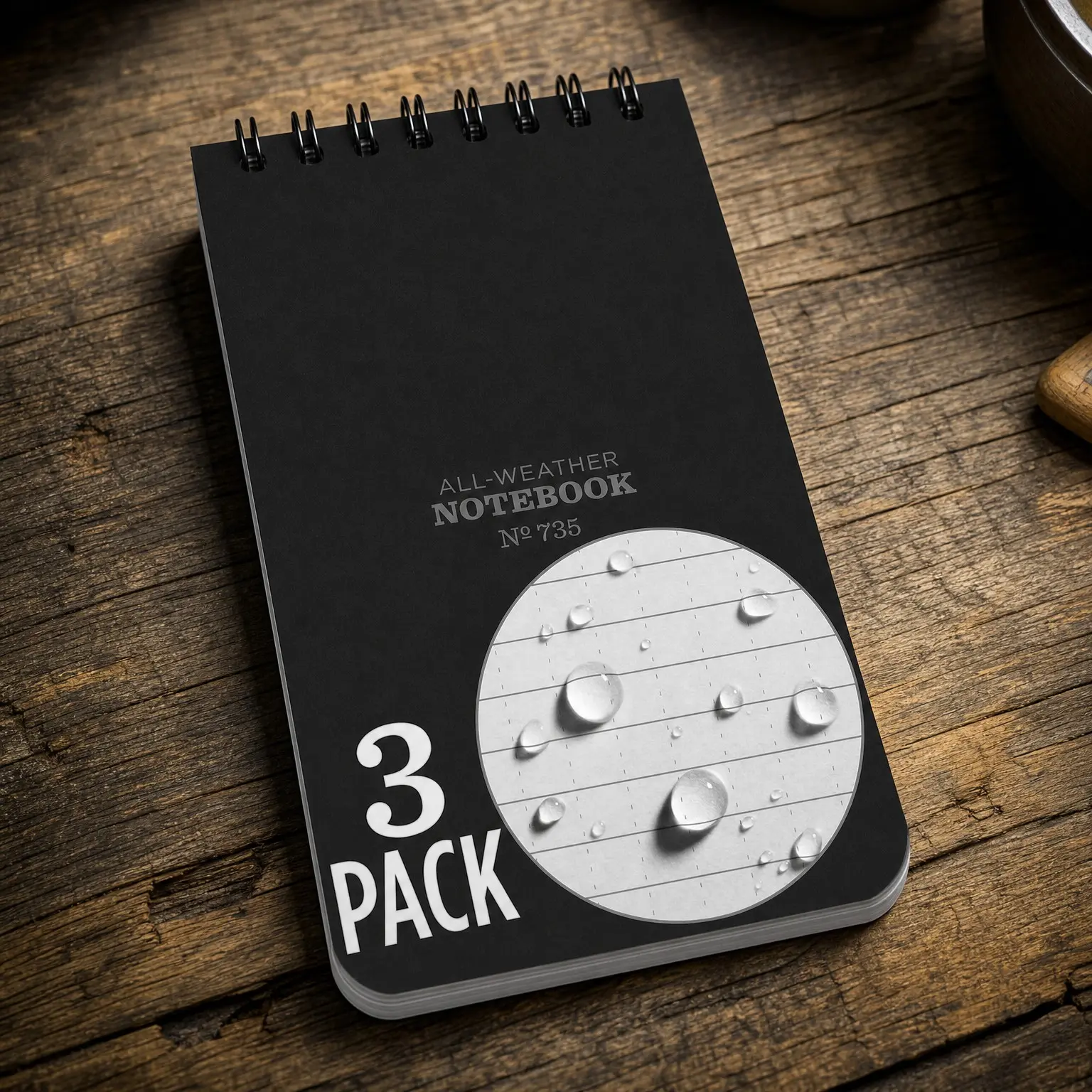 Weatherproof Top Spiral Notebook, 3" x 5", Black Cover, Universal Pattern, 3 Pack (No. 735-3X)