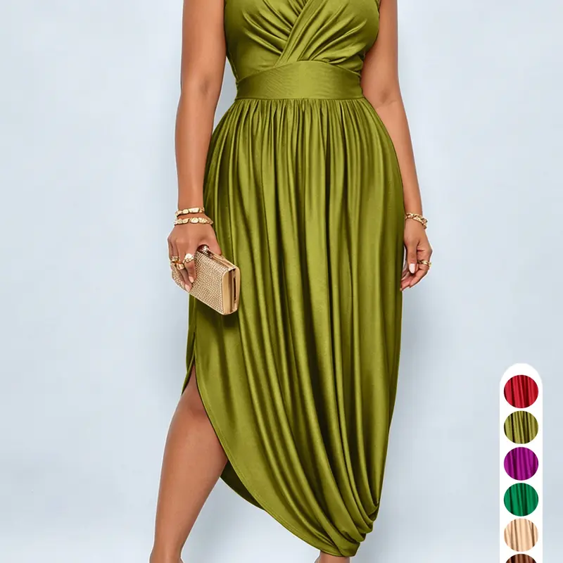 Plus Size Women Elegant Sleeveless Long Dress for Women, Fitted Waist Design, Cross Chest Line, Asymmetrical Hem, Solid Color, All-Season Fashion, Elegance