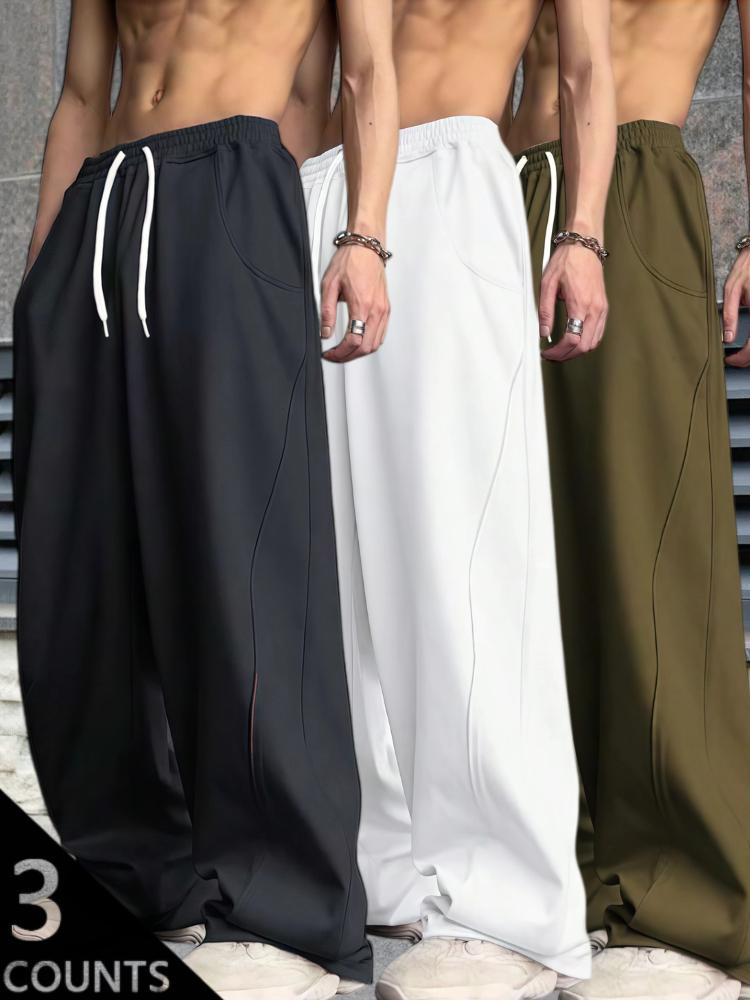 Y2K Men's 3-Pack Wide Leg Sweatpants - Black, Grey & Navy Blue - High Street Loose Fit Joggers with Drawstring Waist & Side Pockets - Lightweight Fabric - Perfect for Streetwear, Casual, Daily Wear - S-3XL Sizes