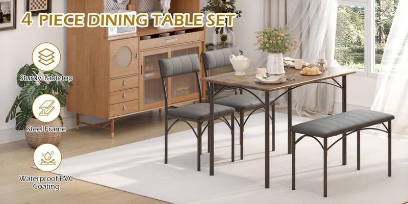 Dining Table Set for 4, Kitchen Table with Upholstered Bench and 2 Chairs, 4-Piece Kitchen Table for Small Space, Dining Room, Home, Kitchen, Retro Brown