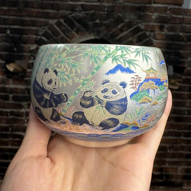 Hand-Engraved Silver-Plated Tea Cup with Bamboo & Panda Patterns - Traditional Chinese Aesthetic Teacup for Tea Lovers - Unique Hand-Made Drinkware.