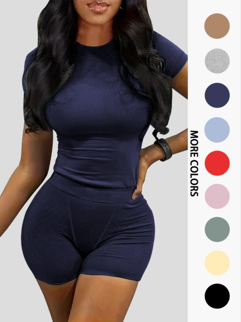 Women's Solid Ribbed Top & Skinny Shorts Set, Casual Comfy Round Neck Tee & Shorts For Yoga Gym Workout, Ladies Summer Clothes, Casual Activewear