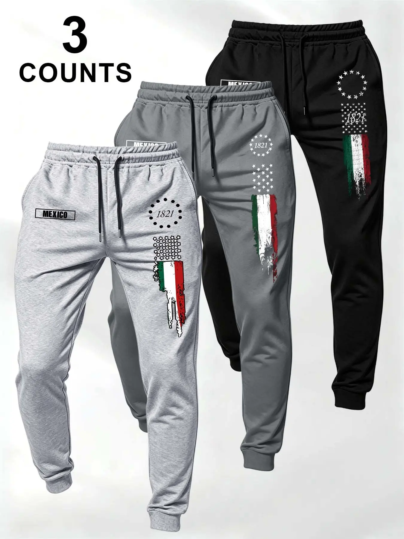 Men's Fashion Retro Mexico Flag Print Pants, Elastic Waist, Regular Fit, Comfortable, Pockets, Spring Fall Daily Wear, Men's Fashion Bottoms Set