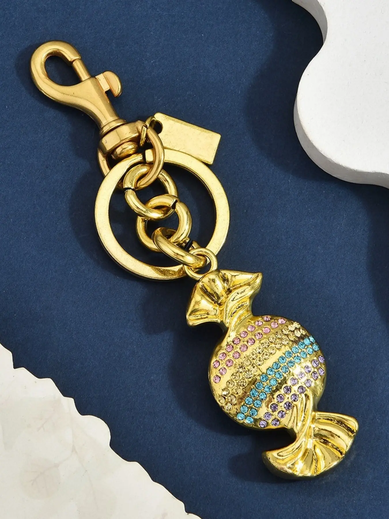 Sweet Girl Style Alloy Rhinestone Keychain Accessory, Full Drill Solid Color, Colorful Striped Design, Silver, Laser Engraved Tag, Lobster Clasp, Bling Bling Keychains