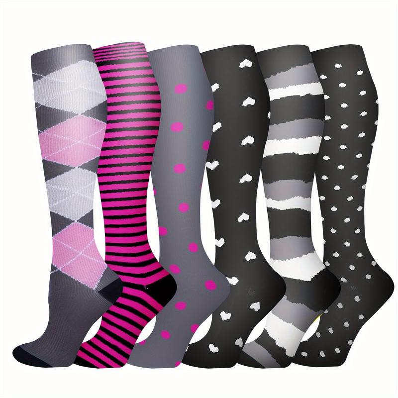 NEWLIFEJWL Sporty Knee High Compression Socks Set - 6 Pairs with Stylish Striped & Heart Prints, Performance & Recovery for Athletes, Gym, Casual Wear, Black & Multicolor