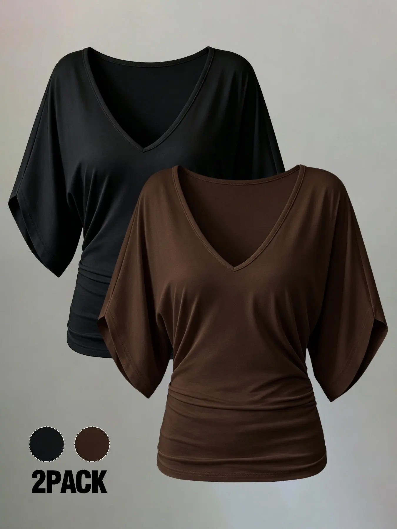 Women's Two-Piece Ruffle Batwing Sleeve V-Neck T-Shirt Set, Summer Solid Color Tops, Elastic Waist, Casual Daily Wear, Multiple Colors Available