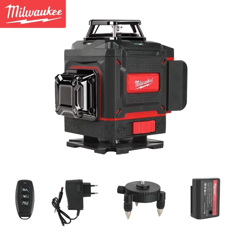 Milwaukee Heavy Duty 3-4D Green Laser Level 16 Vertical Horizontal Cross Lines Auto Self Level Laser Tool Rechargeable Battery Full Accessory Set For Handyman Tile Installation Cabinet Mounting Remodel Work