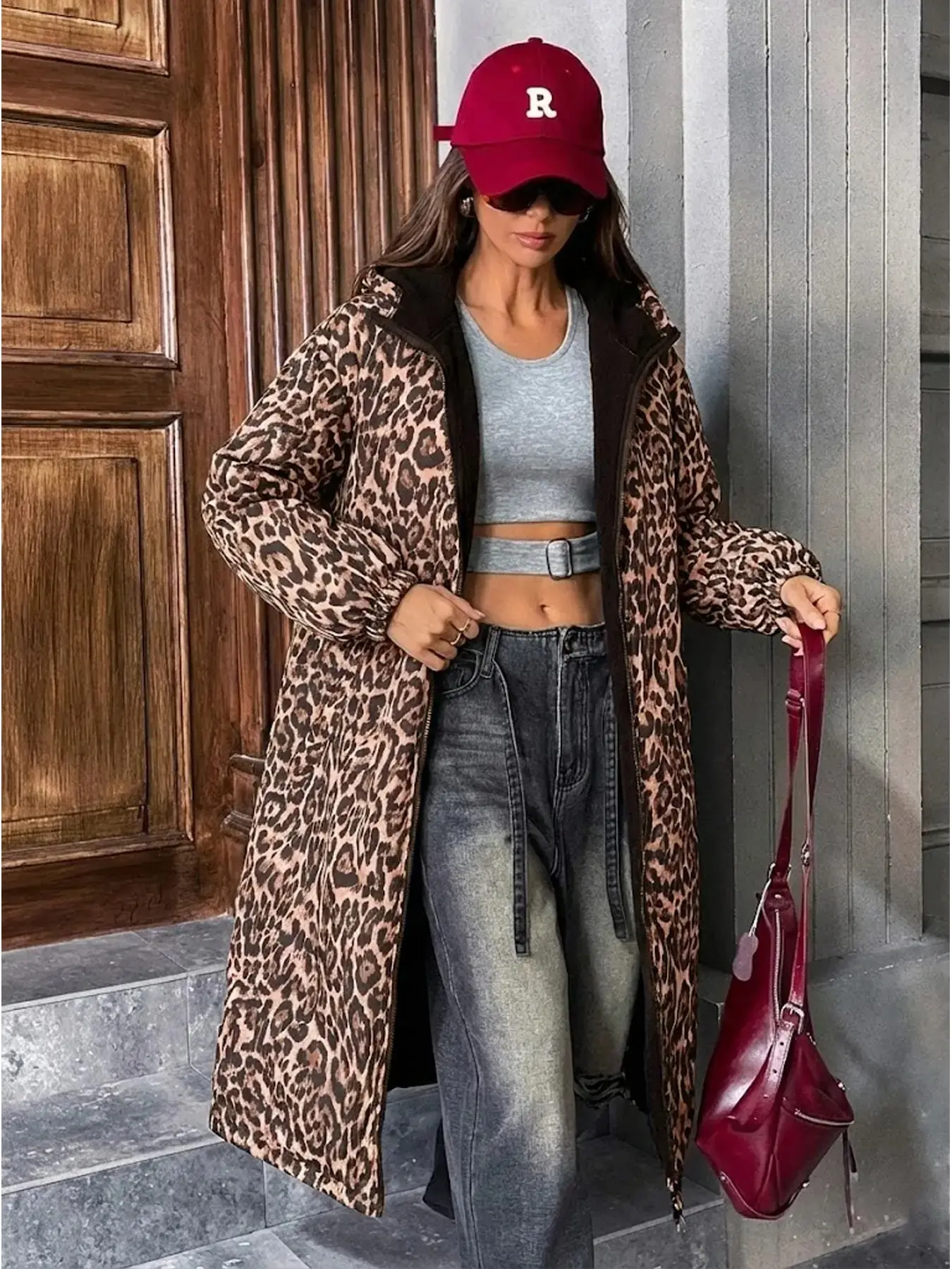 Vintage Leopard Print Hooded Long Coat for Women, Zipper Fleece Lining, Loose-Fit Street Style, Warm Mid-Length Outerwear