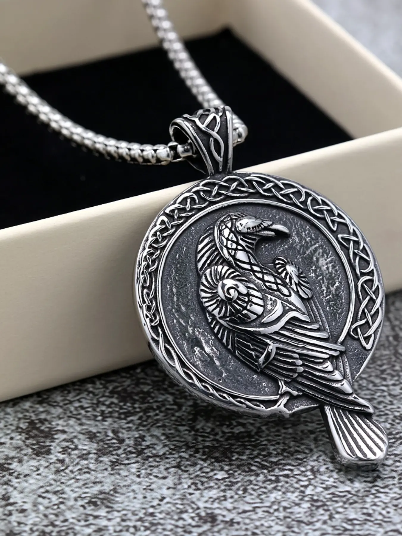 Vintage Steel Viking Raven Totem Celtic Knot Pendant Necklace, Men's Stainless Steel Mythical Relief Charm, Boho/punk Style Accessory