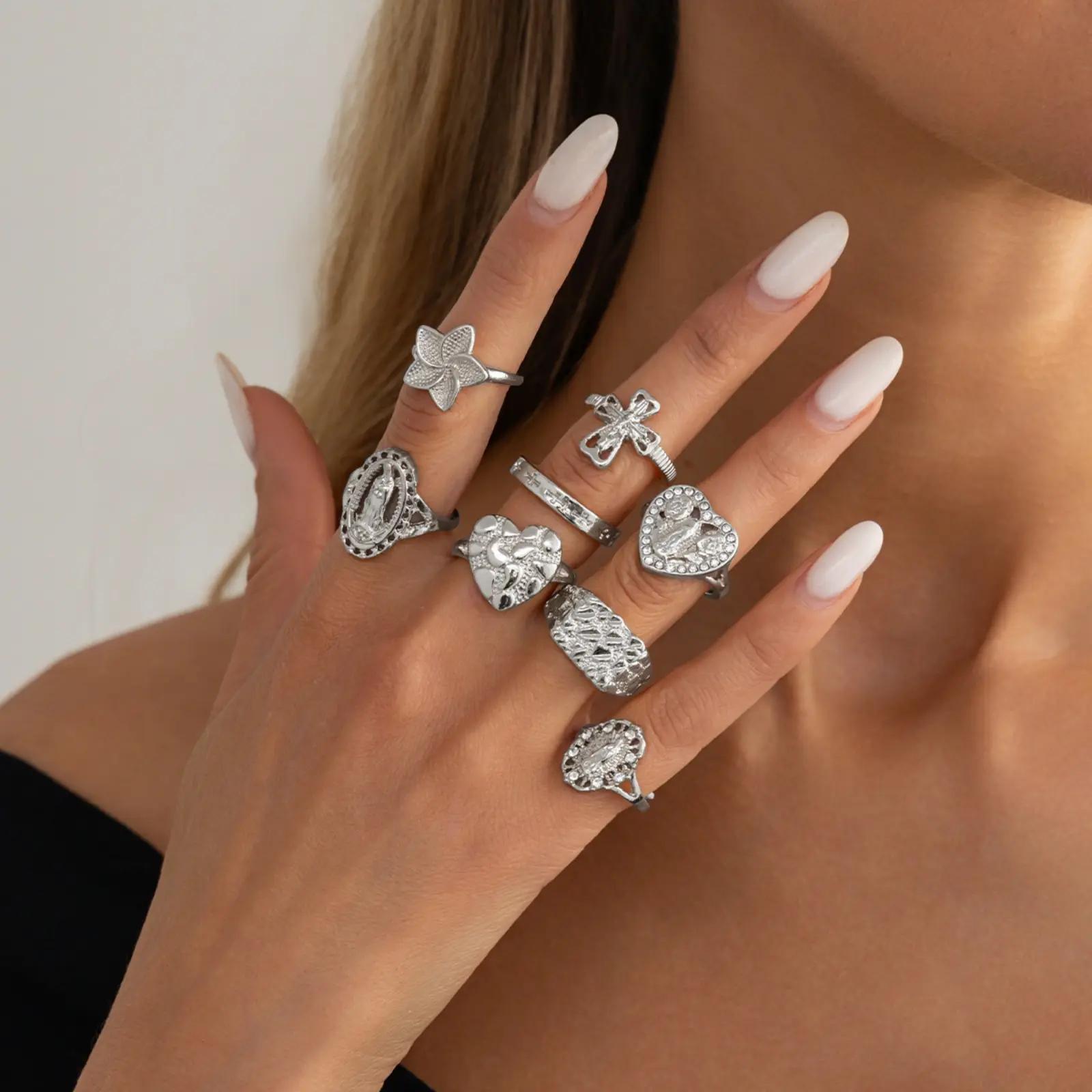 Vintage Silver Gothic Ring Set: Gothic Heart & Cross Stackable Rings for Women, Trendy Punk Aesthetic Y2K Knuckle Finger Band Jewelry Pack