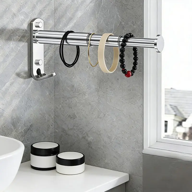 Multi-Purpose Wall-Mounted Storage Rack, 304 Stainless Steel, with Hooks, Large Storage Space, Adjustable Rod, Ideal for Balcony, Entryway, Laundry Room