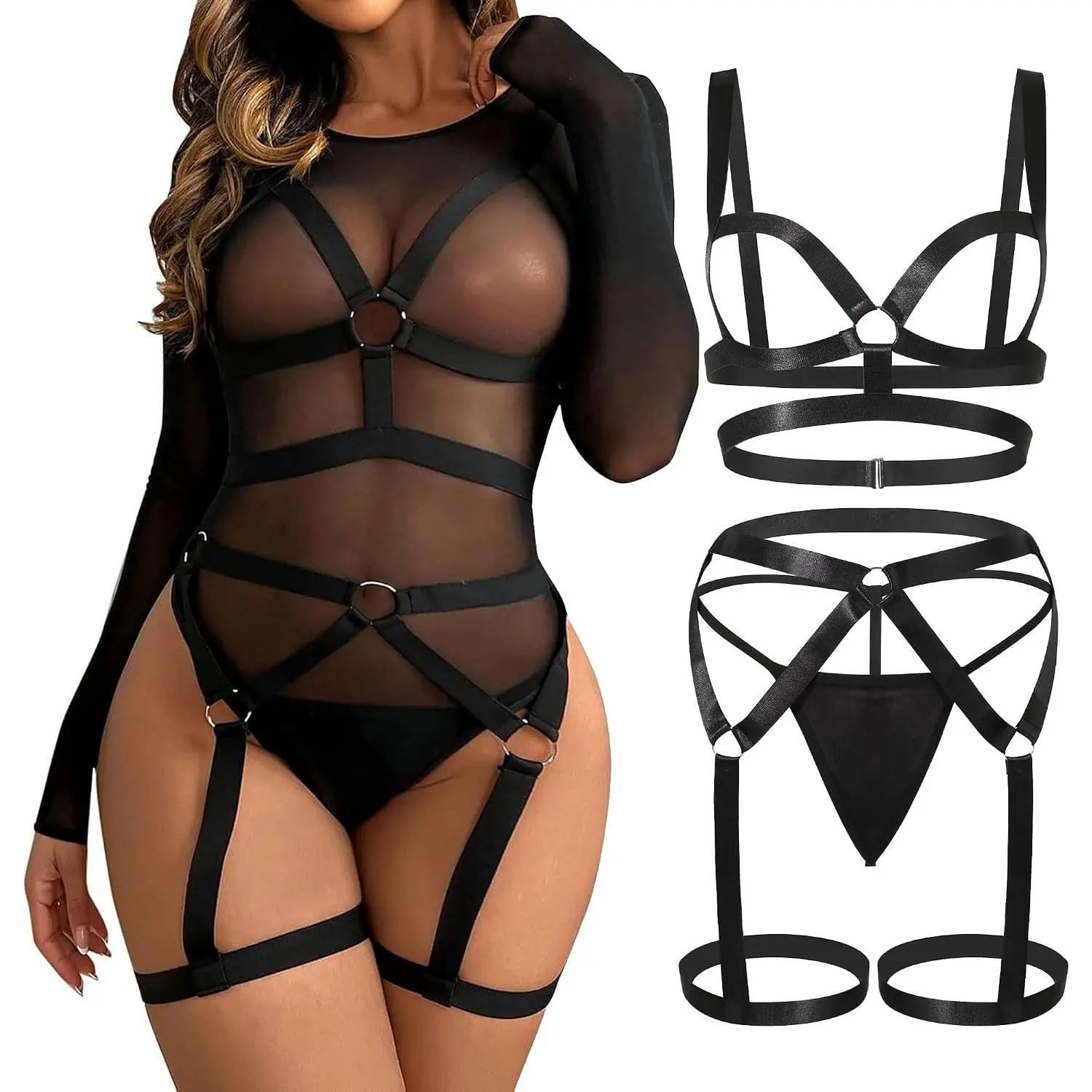 Women's Sexy Strappy Lingerie Set Hollow Out Harness Bra and Garter Belt Set Wide Straps Elastic Gothic Underwear Push-up Bras Bandage Suspenders + G-string Black