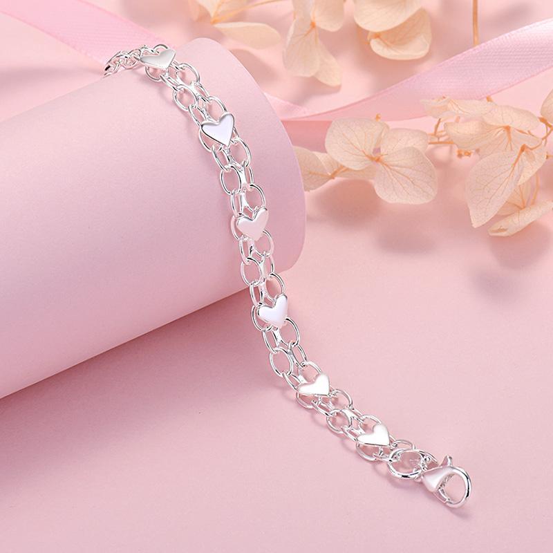 925 Sterling Silver Heart Bracelet Women Wedding Party Birthday Fashion Jewelry Elegant Durable Stylish Accessory Daily Wear Gift