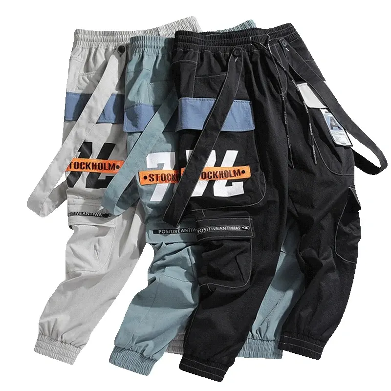 Men's Techwear Cargo Jogger Pants Fabric Cloth Strap Details Graphic Print Color Block Flap Pockets Elastic Waist Drawstring Streetwear Trousers Male Clothing Apparel cozy soft cool clean chic active sporty casual premium classic trendy vibedy modern Grey