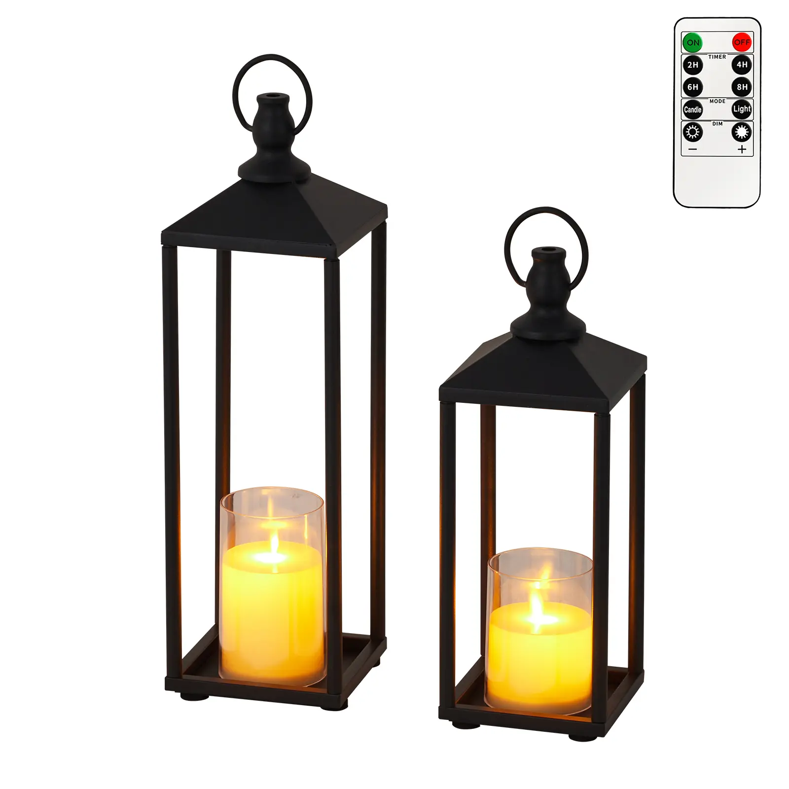 Modern Black Metal Lanterns Set of 2 – 17" & 13" Decorative Candle Holders with Flameless Candles – Indoor Outdoor Lanterns for Home, Mantle, Patio, Porch – Ideal for Halloween & Christmas Decor