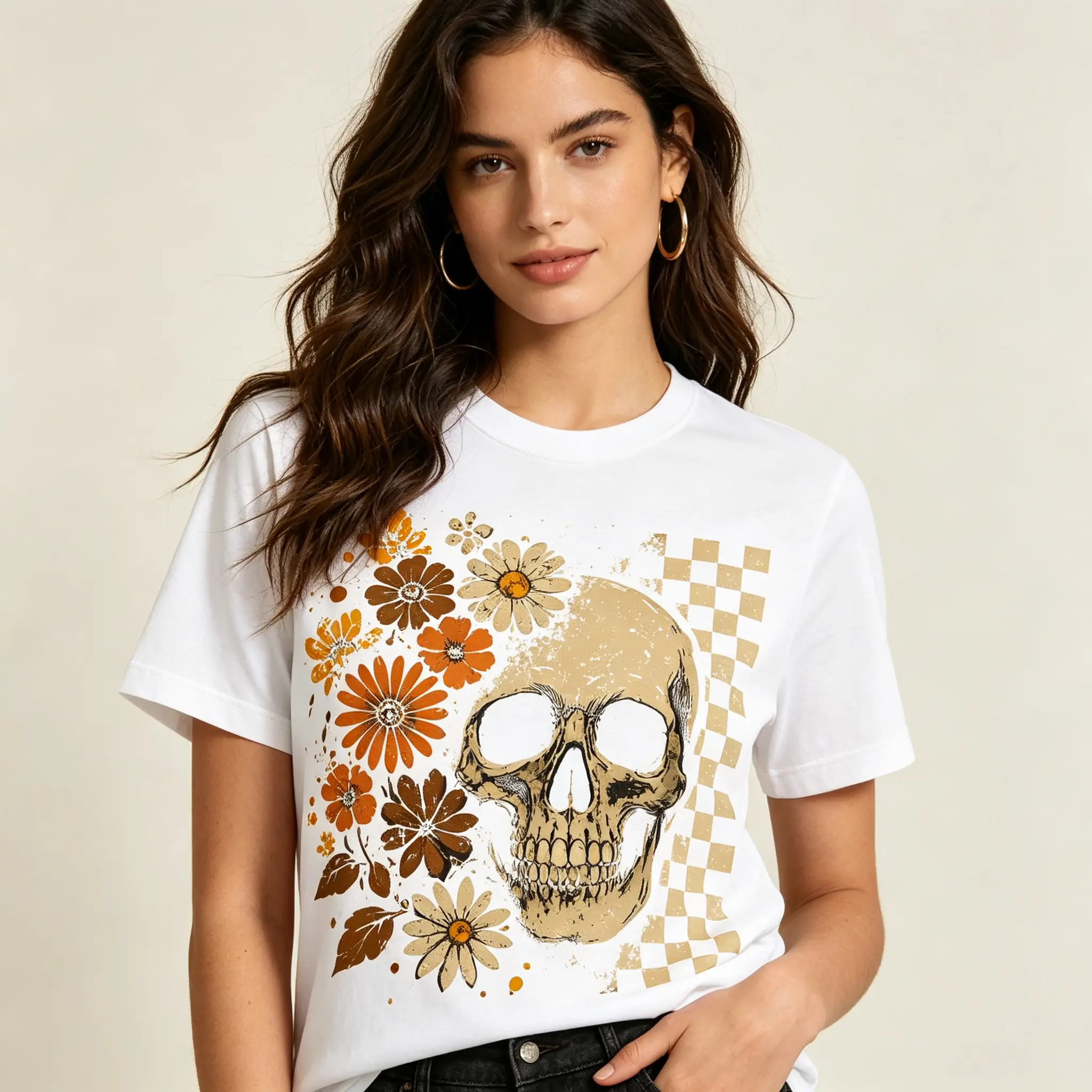 Unisex Crew Neck Sports Top - Fitted, Breathable Skull Graphic Tee for Men & Women, Retro Boho Spooky Summer Casual Sportswear