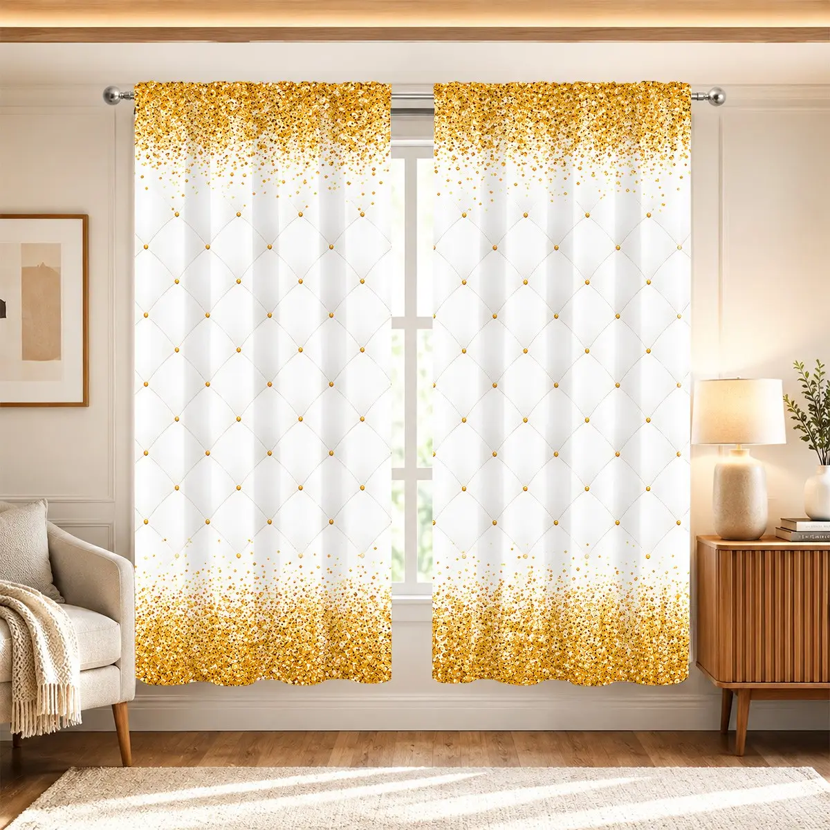 Sequin Rhombus Curtain Set, 2-Piece Light Blocking Gradual Gold Sequin Print Drapes, Luxury Bedroom Window Decor