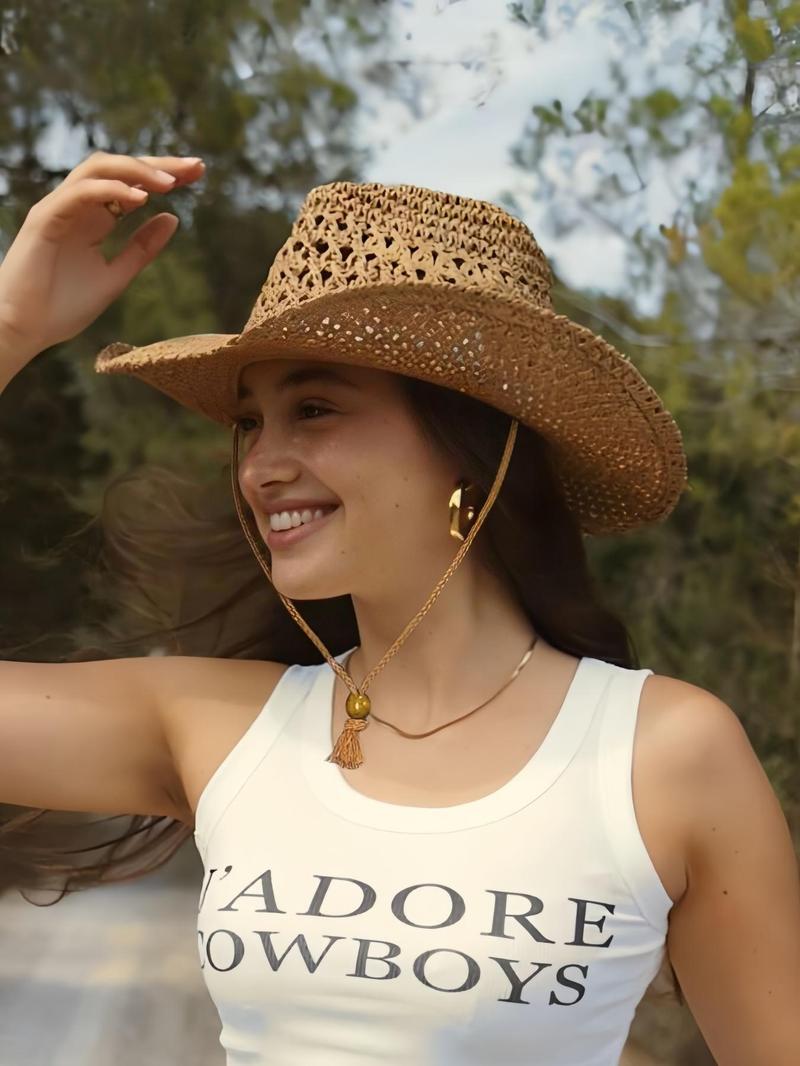 Women's Boho Style Straw Hat, Trendy Minimalist Sun Hat, Fashionable Sun Protection Hat for Summer, Stylish All-match & Exquisite Hat for Birthday Gift, Cowboy Style Hat