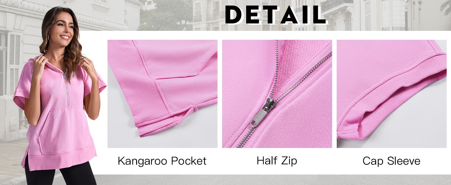 FMEYOA Womens Oversized Half Zip Hoodies Short Sleeve Casual Sweatshirts Pullover Tops with Pockets