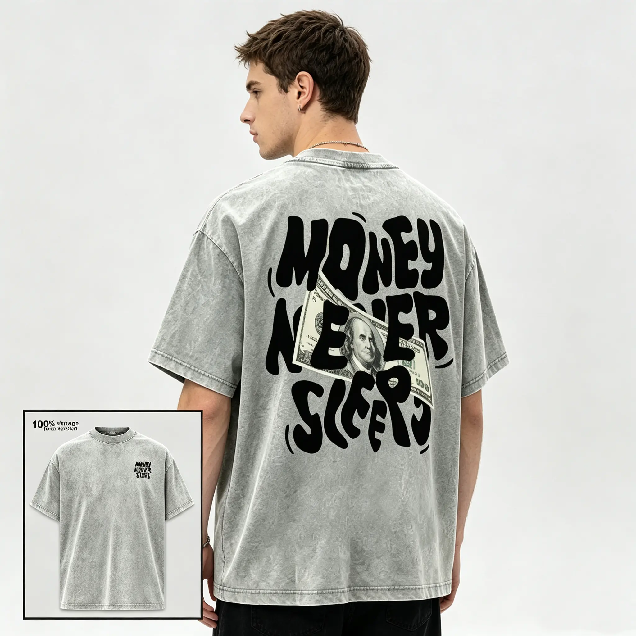 Men's 100% Cotton Oversized Vintage Washed Crew Neck Short Sleeve T-Shirt - Unisex Washed Look, 100 Dollar Bill Front/Back Graphic, Menswear Casual Hip Hop Streetwear Top