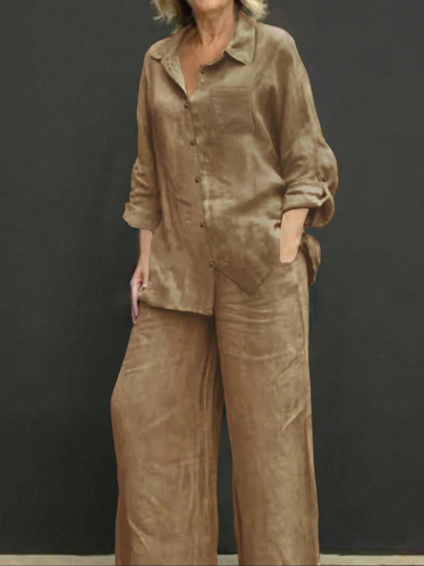 Women's Solid Color Shirt & Wide Leg Pants Set, Casual Fashion Cozy Breathable Two-piece Outfits for Daily Outdoor Wear, Women Clothes for Spring Fall