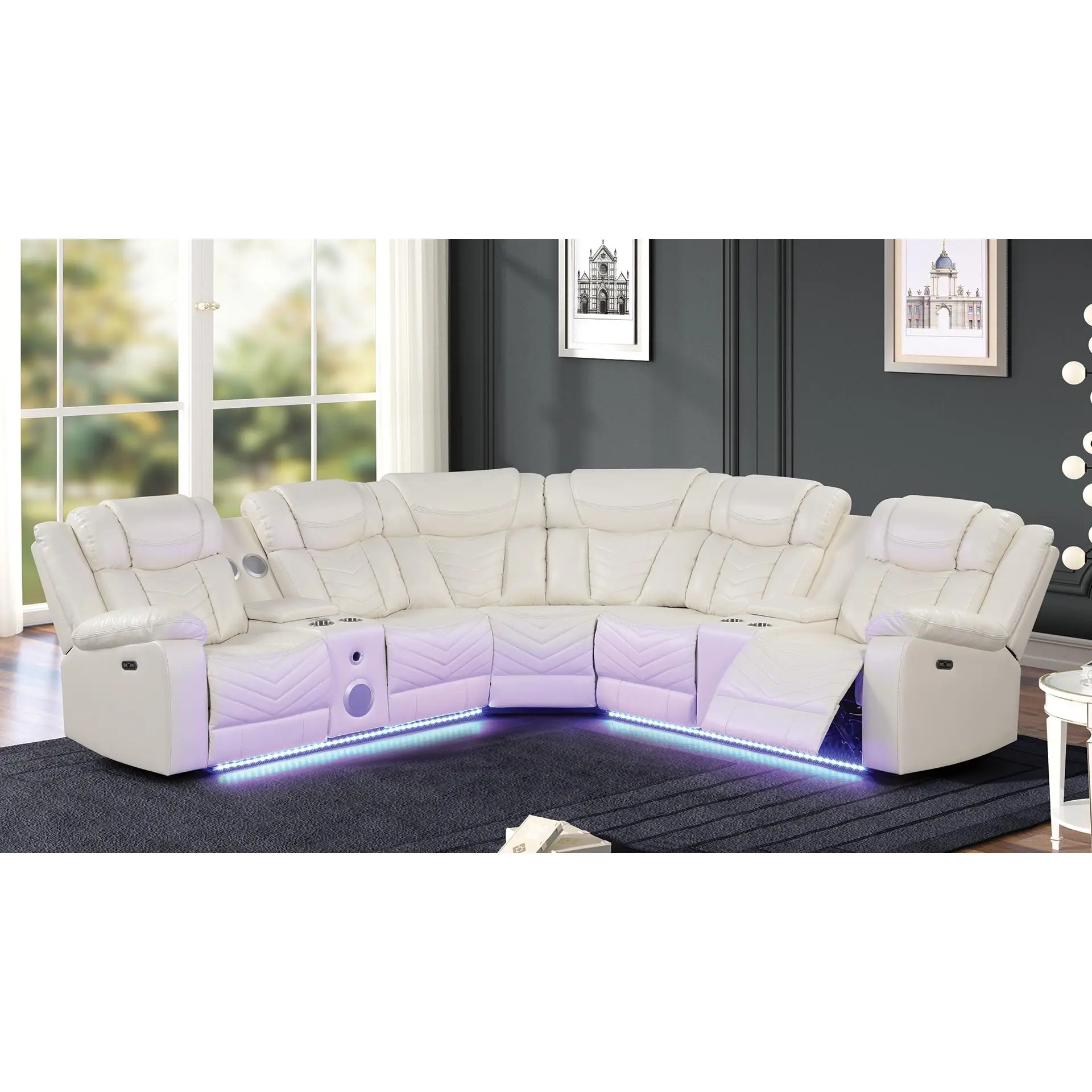 Nokaa Modern Recliner Sectional Sofa 6-Seat Power Couch with USB-C Ports Bluetooth LED Control Panel Stainless Steel Cup Holders Faux upholstered Wood Frame Curved Cushion Back Beige for Primary Living Space