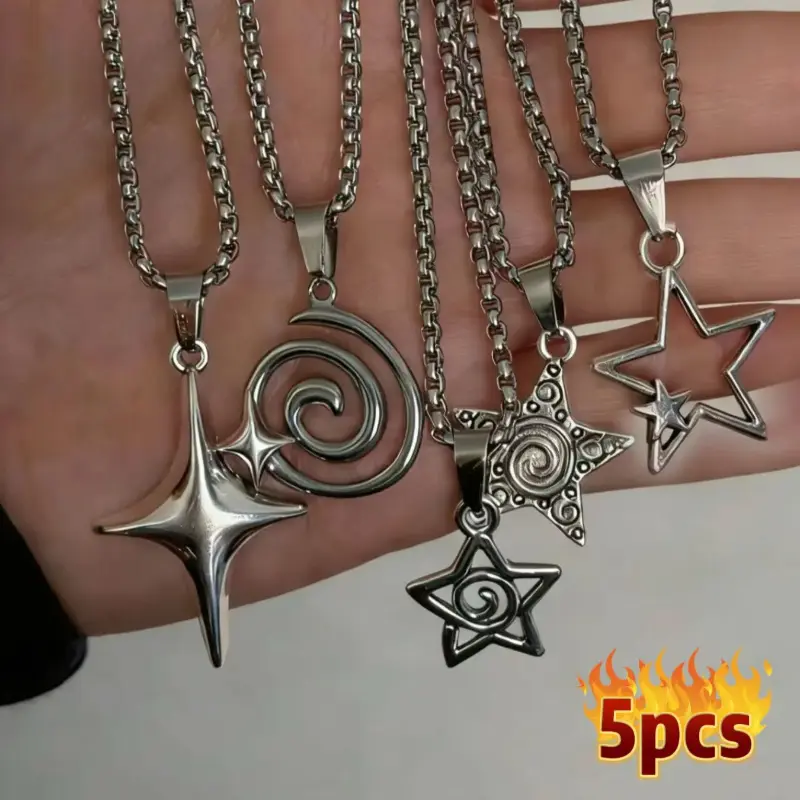 Vintage Gothic Punk Stainless Steel Necklace Set for Unisex, 5Pcs Trendy Pendant Jewelry Accessories, Versatile Fashion Jewellery for All Occasions