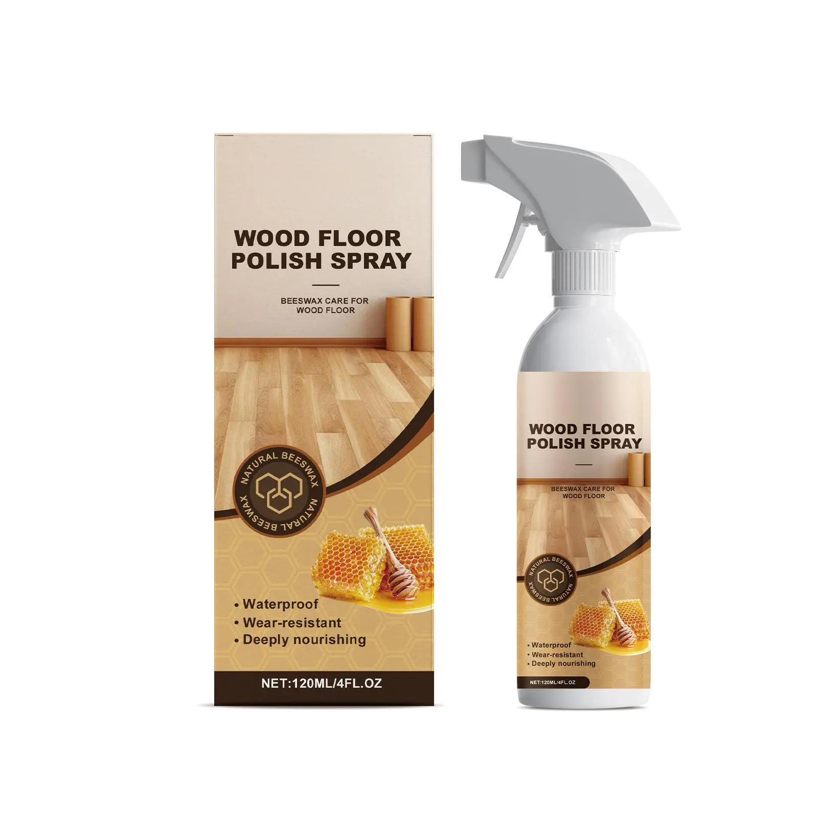 120ml Wood Floor Beeswax Care Spray - Light, Anytime-Use Cleaner with Included Cloth for Scratch Repair, Polishing, Maintenance (Beeswax Blend, Natural Care, Polished Look; Fits Pine, Shuffleboard, Outdoor Surfaces; Removes Dirt for Mop Use)