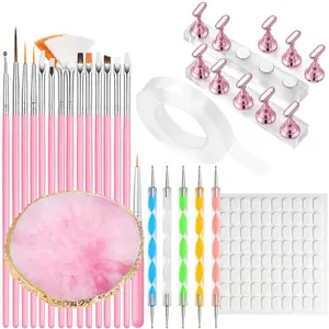 Nail Art Tools Set – 15pcs Pink Nail Art Brushes, 5pcs Dual-Ended Dotting Pens, 10 Nail Stands with 2 Bases, Nail Art Palette, 100pcs Double-Sided Tape & Adhesive Tabs for DIY Manicure