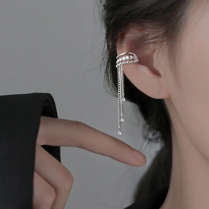 Women's No Piercing Painless Wrap Tassel Chain Zircon Ear Cuffs, 1-Pair Silver Stacked Clip-On Earrings with Long Chain Dangle, Elegant Jewelry for Daily & Party Occasions