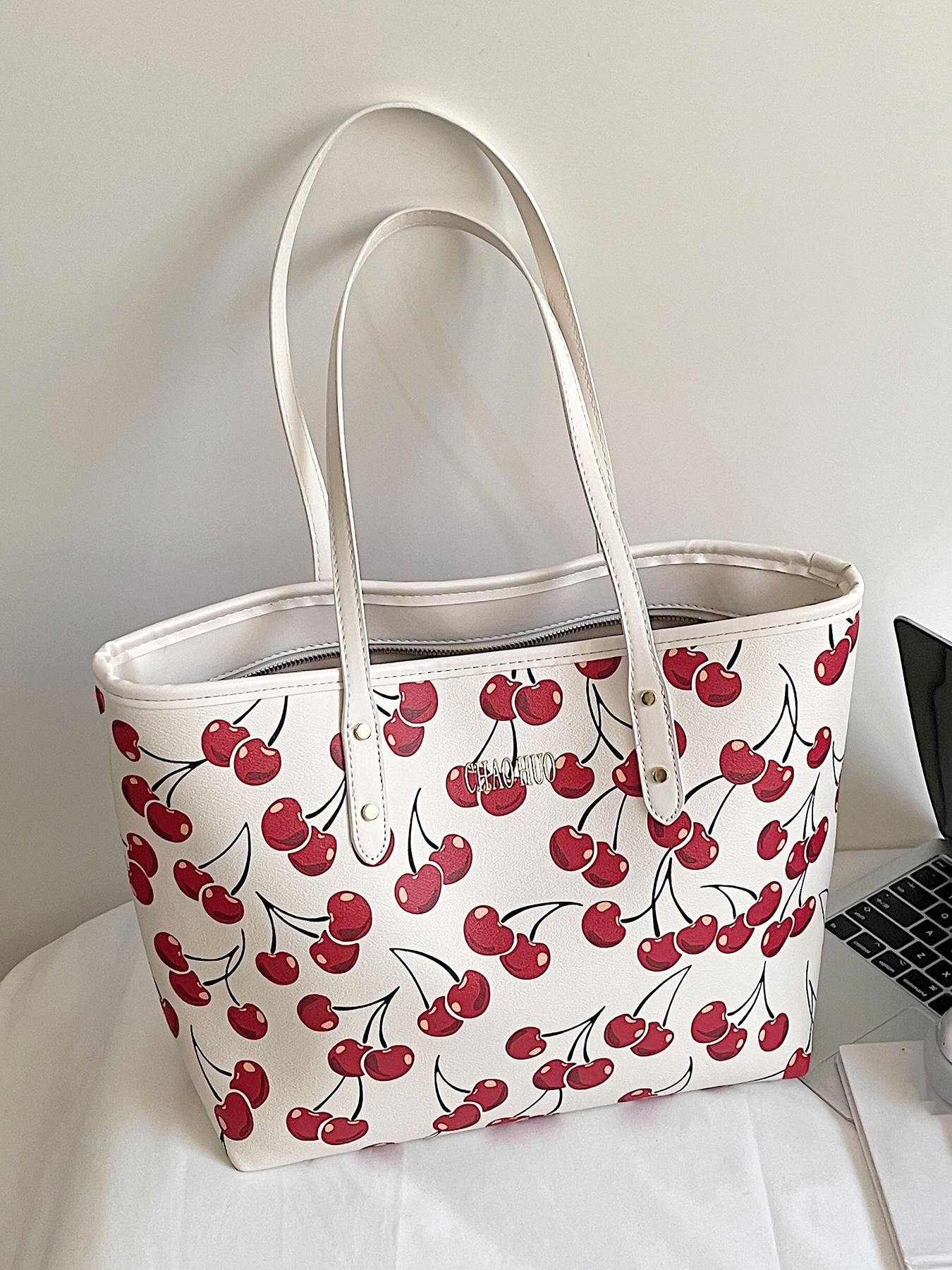 Niche cherry fruit pattern printed tote bag, Lightweight tote bag, one-shoulder underarm bag, casual handbag, Casual commuter bag, Casual trendy purses, versatile for daily commuting, multiple colors available, suitable for college students